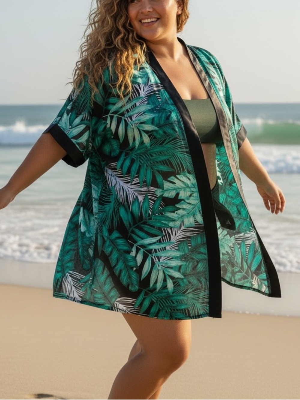 Swim By Cacique - Tropical Palm Leaves Beach Coverup Kimono - 14/16 1X